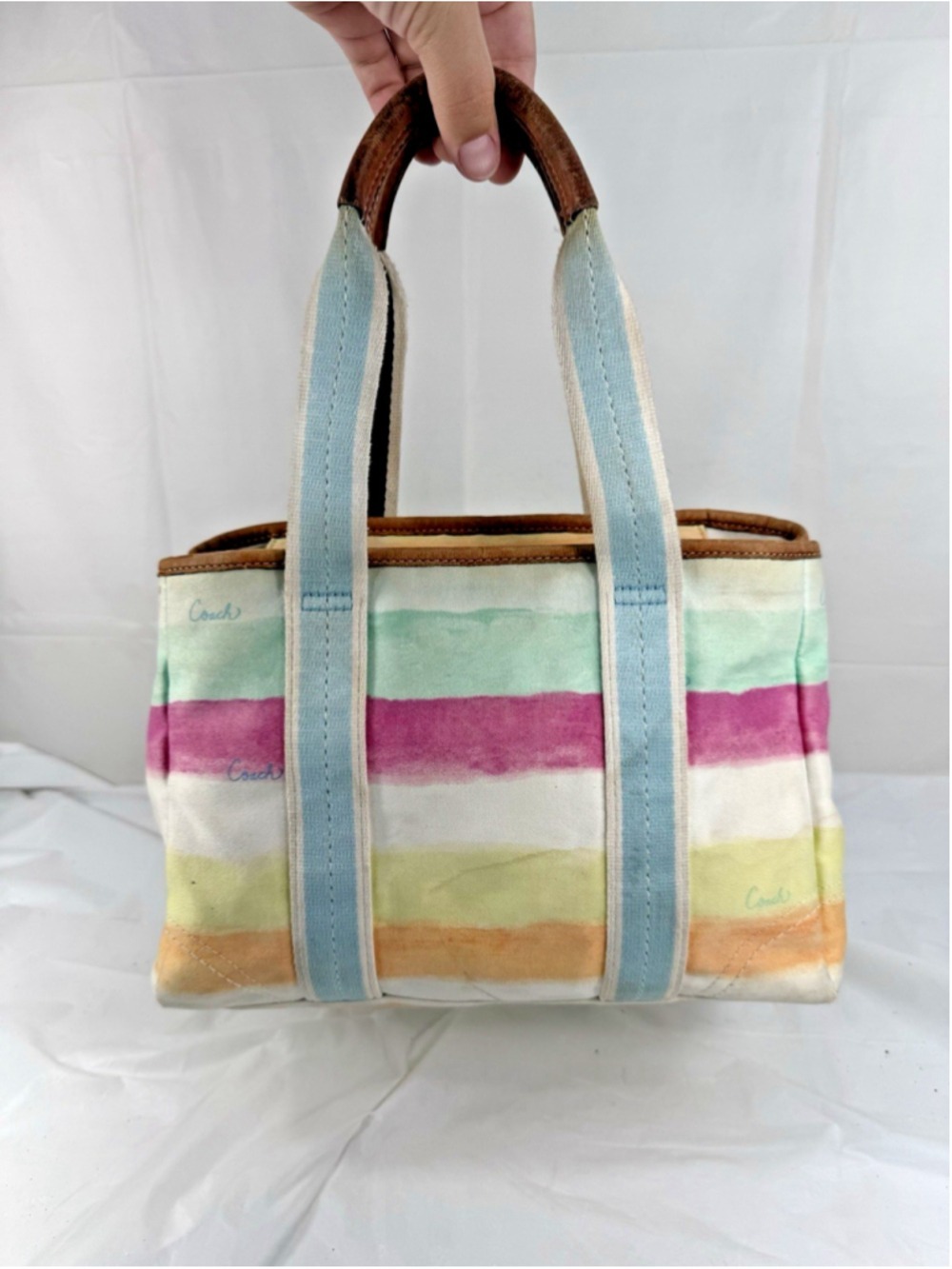 Vintage Coach Hamptons Y2K Watercolor Pastel Stripes Tote - Picture 15 of 16